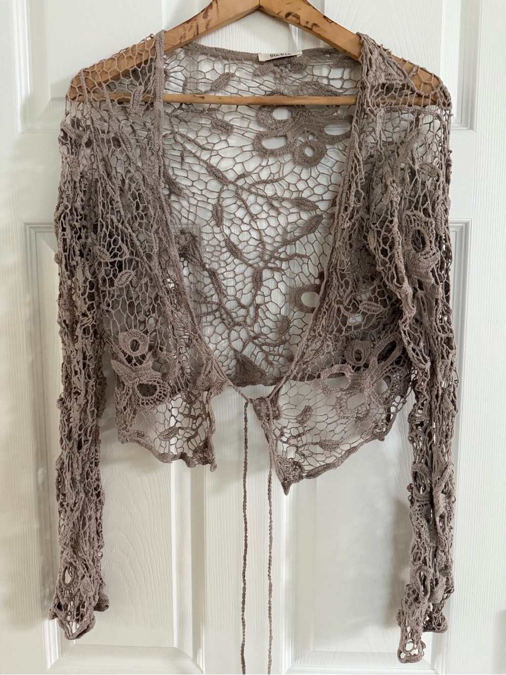 Crochet Tie-Front Shrug Cardigan intricate lace motifs in Taupe Women’s